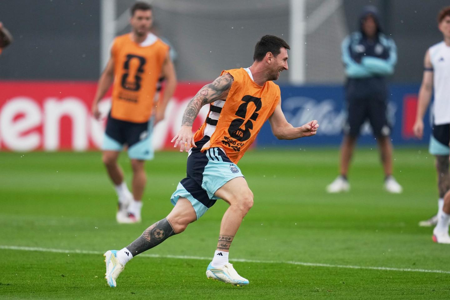 Argentina's Lionel Messi works out during a training session on the eve of the World Cup final soccer match in Morristown, N.J., Saturday, July 18, 2026. 