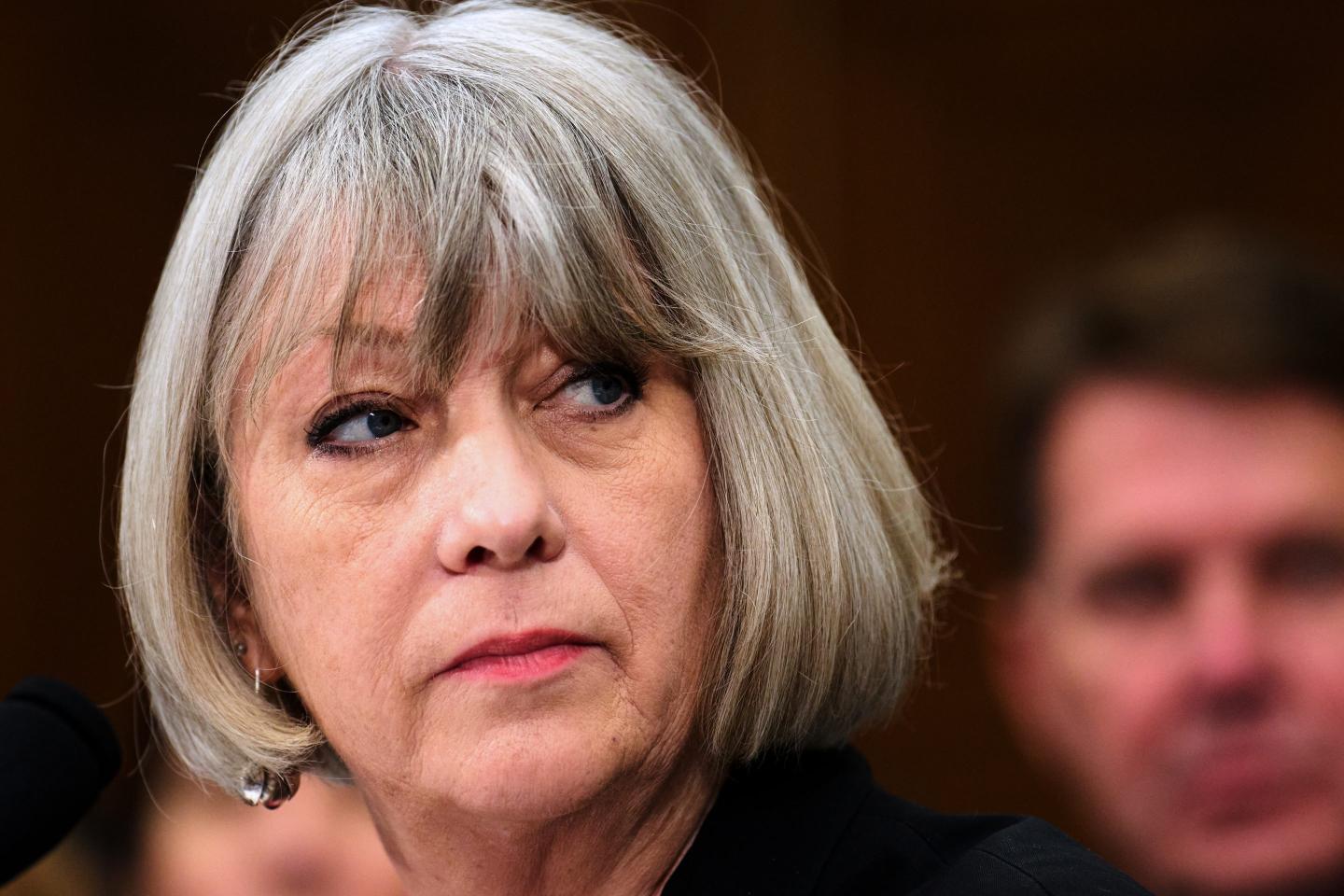 Anthea Hartig, Director of the National Museum of American History, looks to her left at a House Committee.