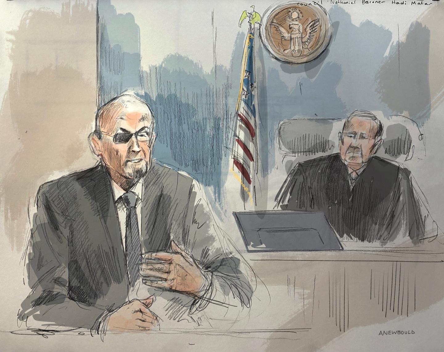 Court illustration of the author testifying