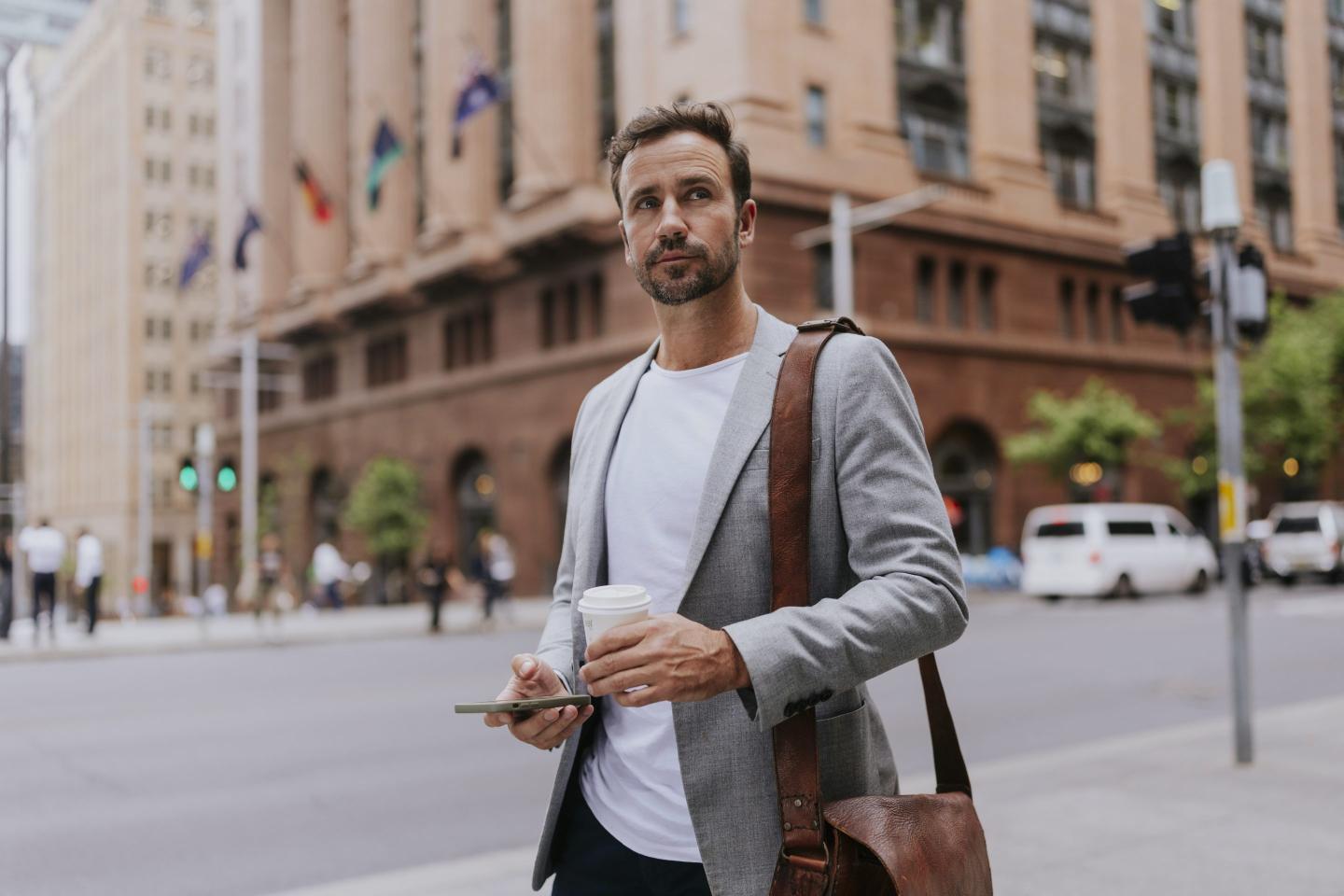 Tech worker walks to office