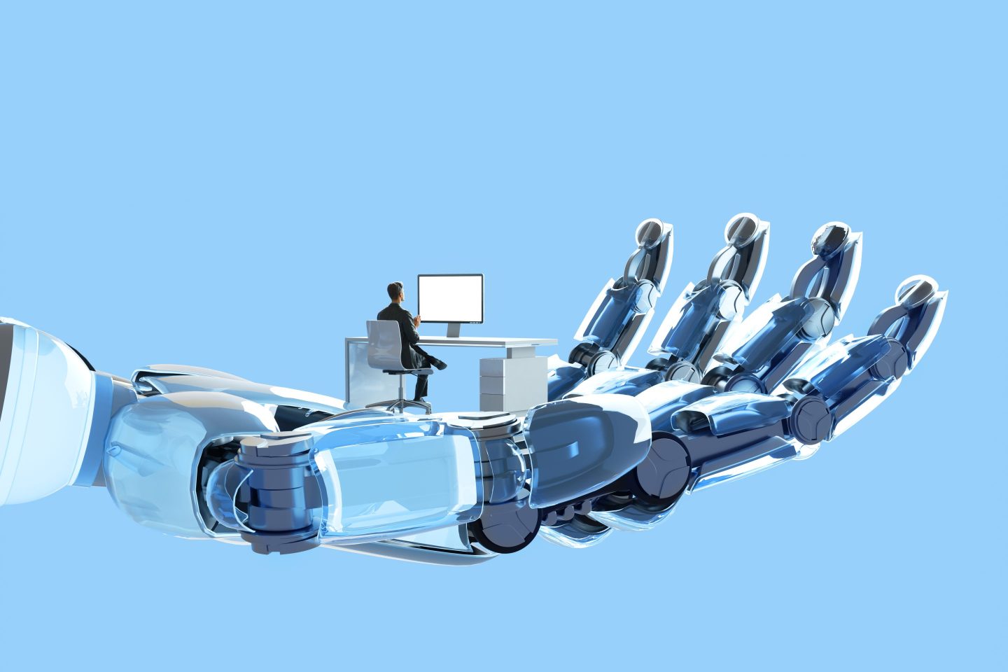 Digital illustration of robot's hand holding and supporting man who is working on his desk using computer, represent themes of artificial intelligence (AI), the future of work, and the intersection of humanity and technology.