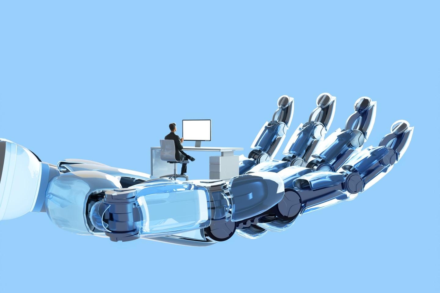 Digital illustration of robot's hand holding and supporting man who is working on his desk using computer, represent themes of artificial intelligence (AI), the future of work, and the intersection of humanity and technology.