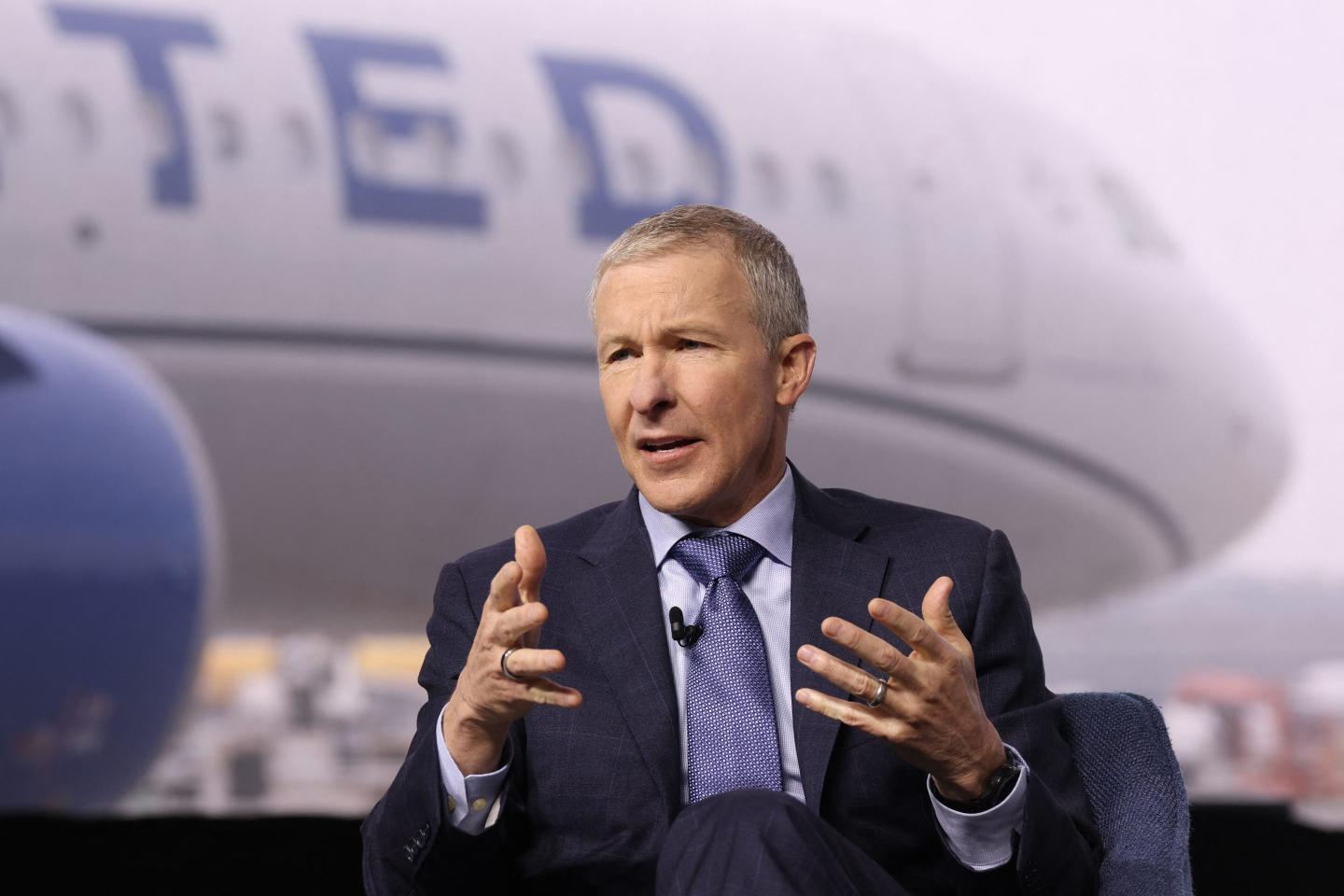 United Airlines CEO Scott Kirby speaks during a media event  at Los Angeles International Airport on March 24, 2026.