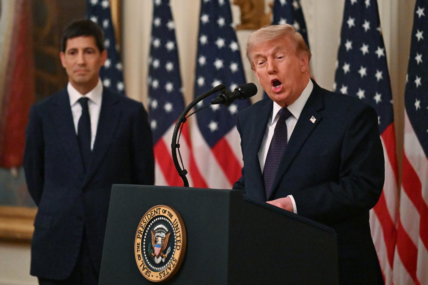 President Donald Trump speaks during the swearing-in ceremony for the new Chairman of the Federal Reserve, Kevin Warsh (L) in the East Room of the White House on May 22, 2026 in Washington, DC.