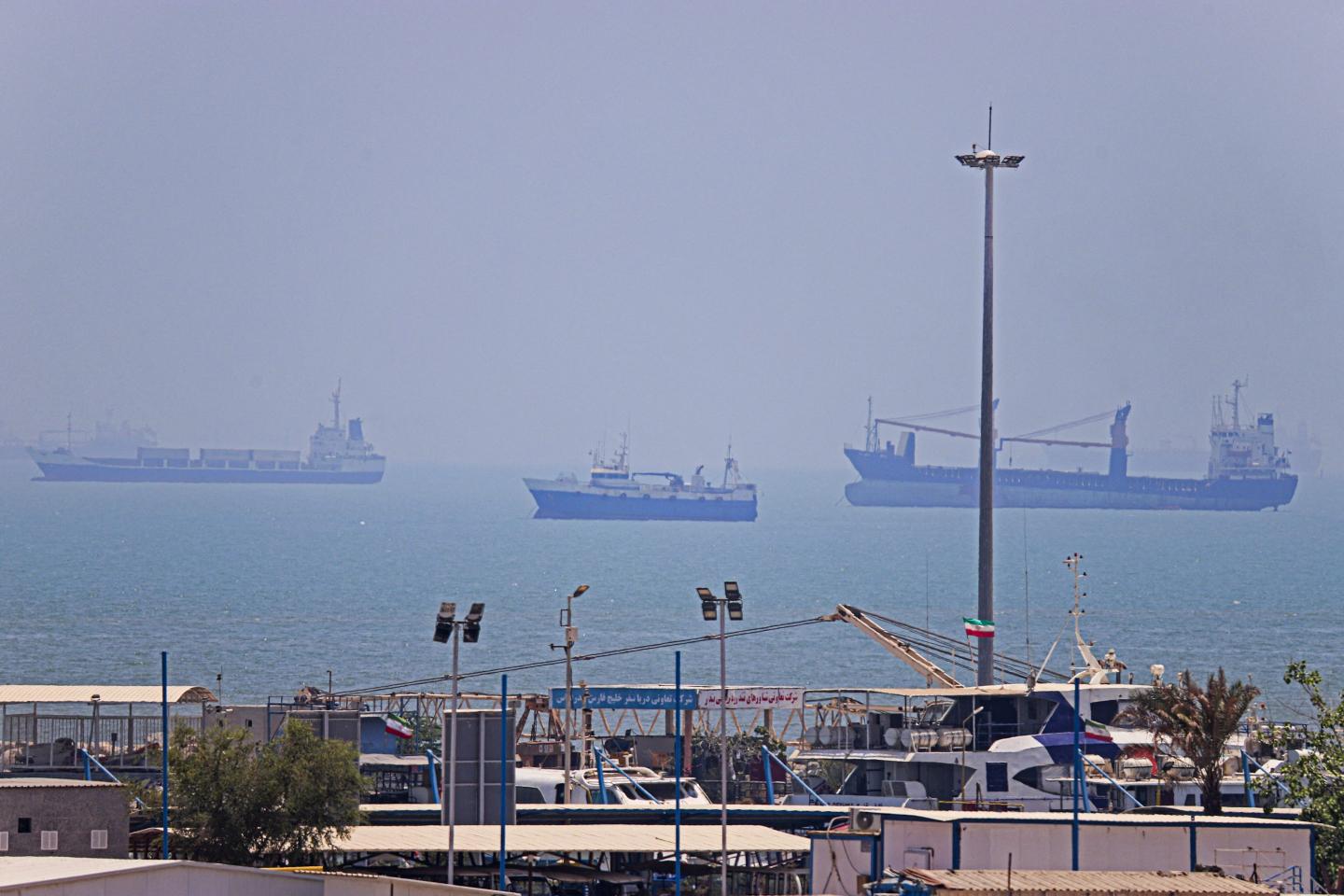 Vessels are seen anchored in Bandar Abbas along the Strait of Hormuz on June 18, 2026.