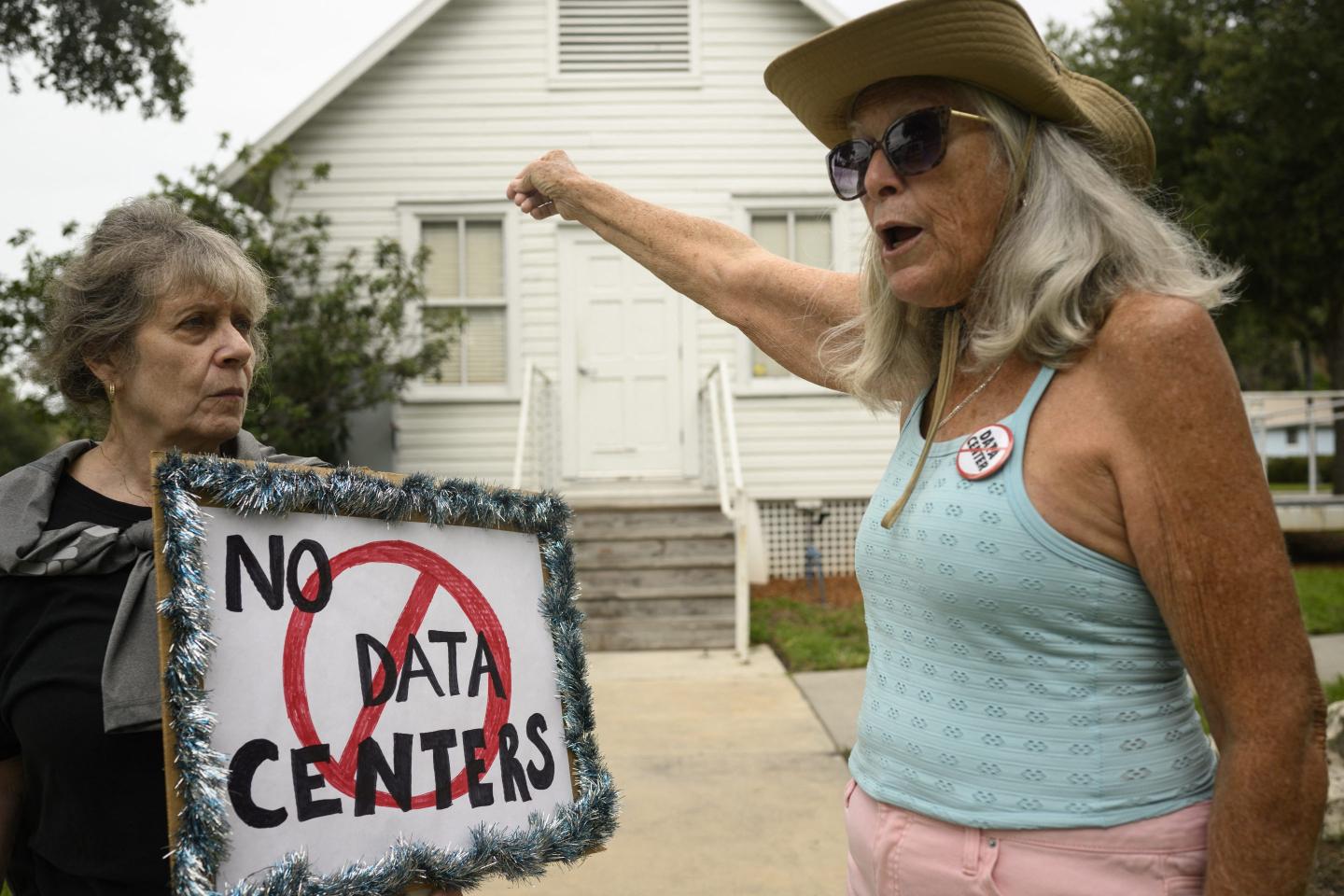One woman holds a "No data centers" sign while another points toward a white house.