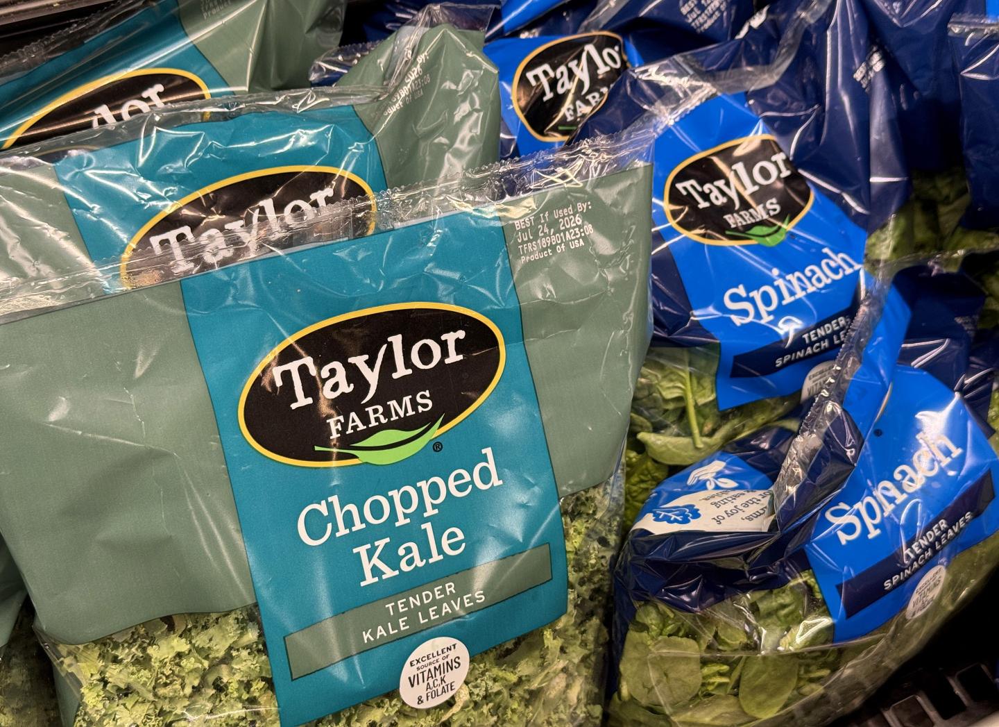 Packages of Taylor Farms salad greens are displayed at a Safeway store on July 16, 2026 in Kings Beach, California.