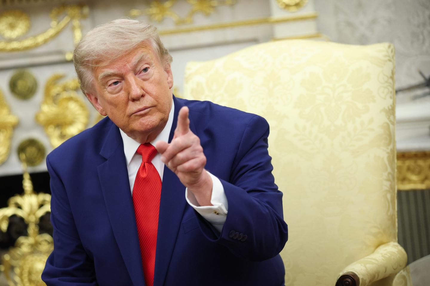U.S. President Donald Trump takes questions from the media during a bilateral meeting with President of Lebanon Joseph Aoun in the Oval Office of the White House on July 21, 2026 in Washington, DC.