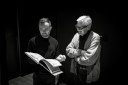 David Senra (left) holds a book while James Dyson (right) looks at the page
