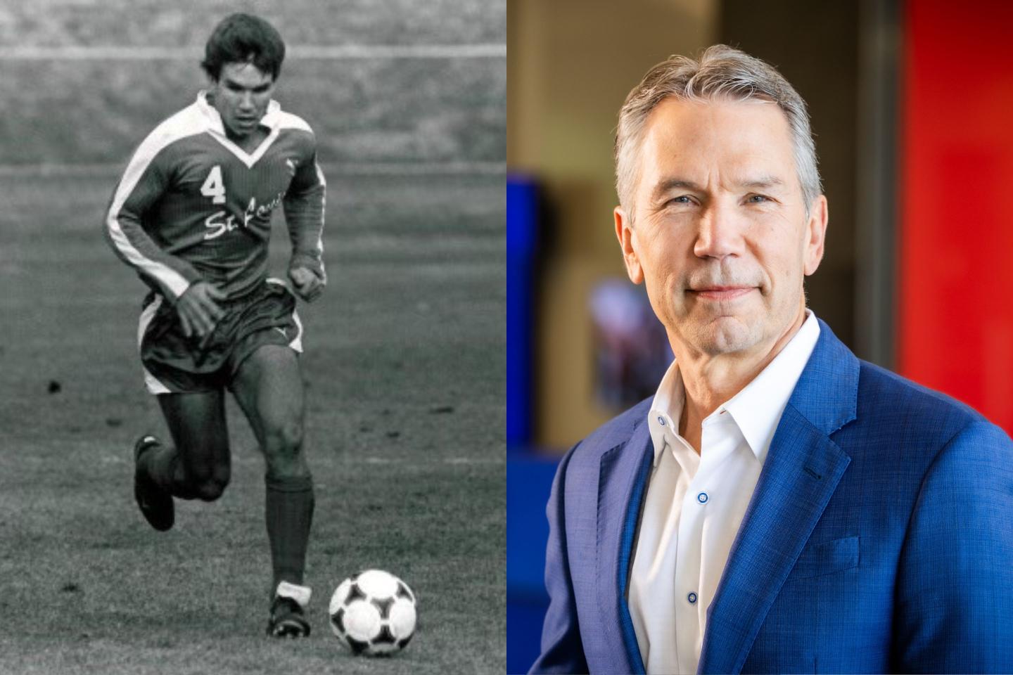 On the left, a black and white photo of Jim Kavanaugh playing soccer in the 1980s. On the right, a modern headshot of Kavanaugh wearing a blue suit jacket
