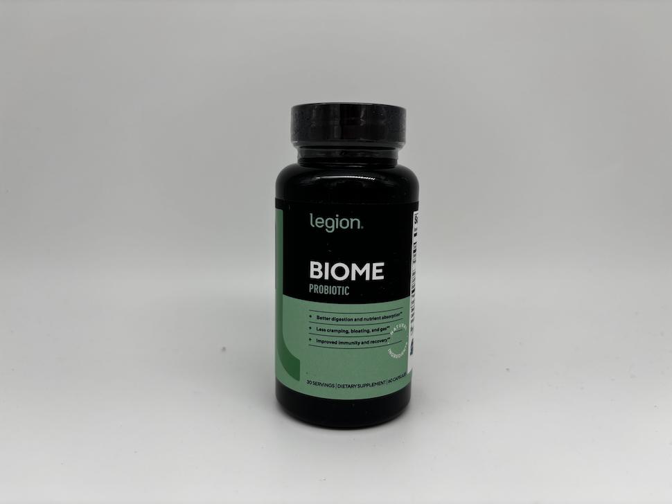 A bottle of Legion Biome sitting on a countertop