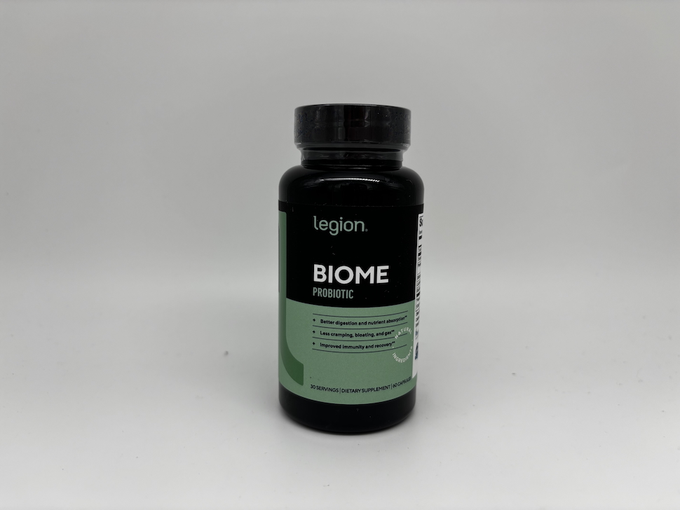 A bottle of Legion Biome sitting on a countertop