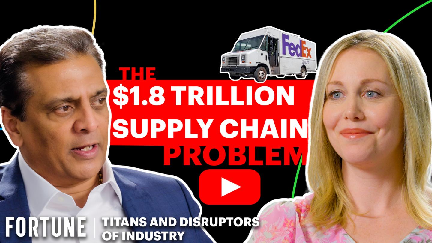 Graphic with FedEx CEO Raj Subramaniam, Fortune Editor-in-Chief Alyson Shontell, and a FedEx truck. Graphic reads: "Fortune Titans and Disruptors of Industry: The $1.8 trillion supply chain problem."