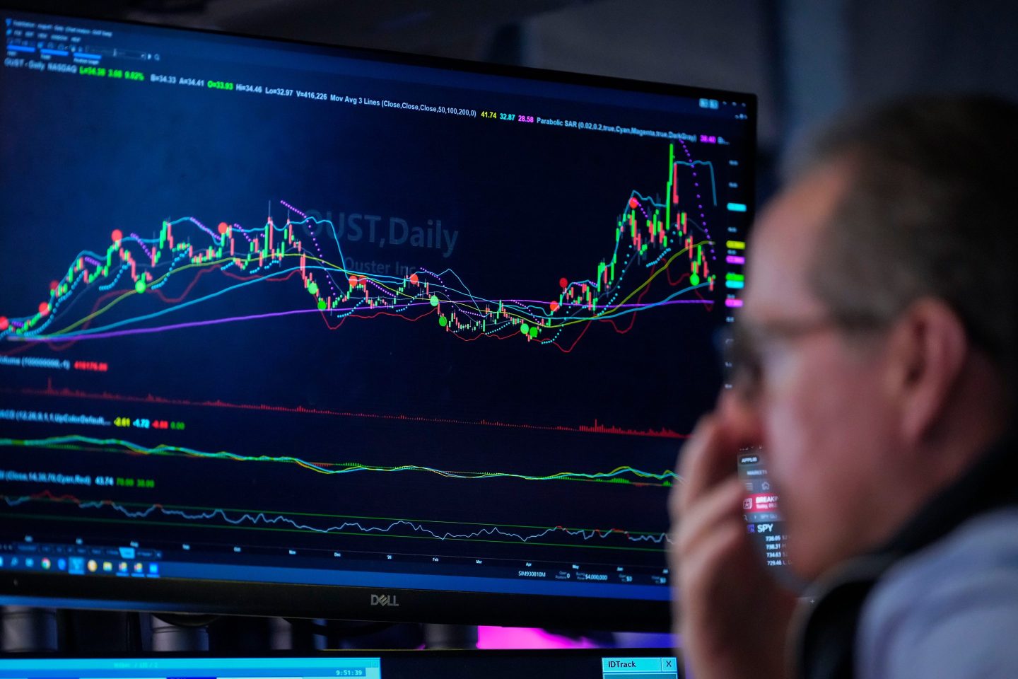 Photo of a trader and a screen showing stocks rallying
