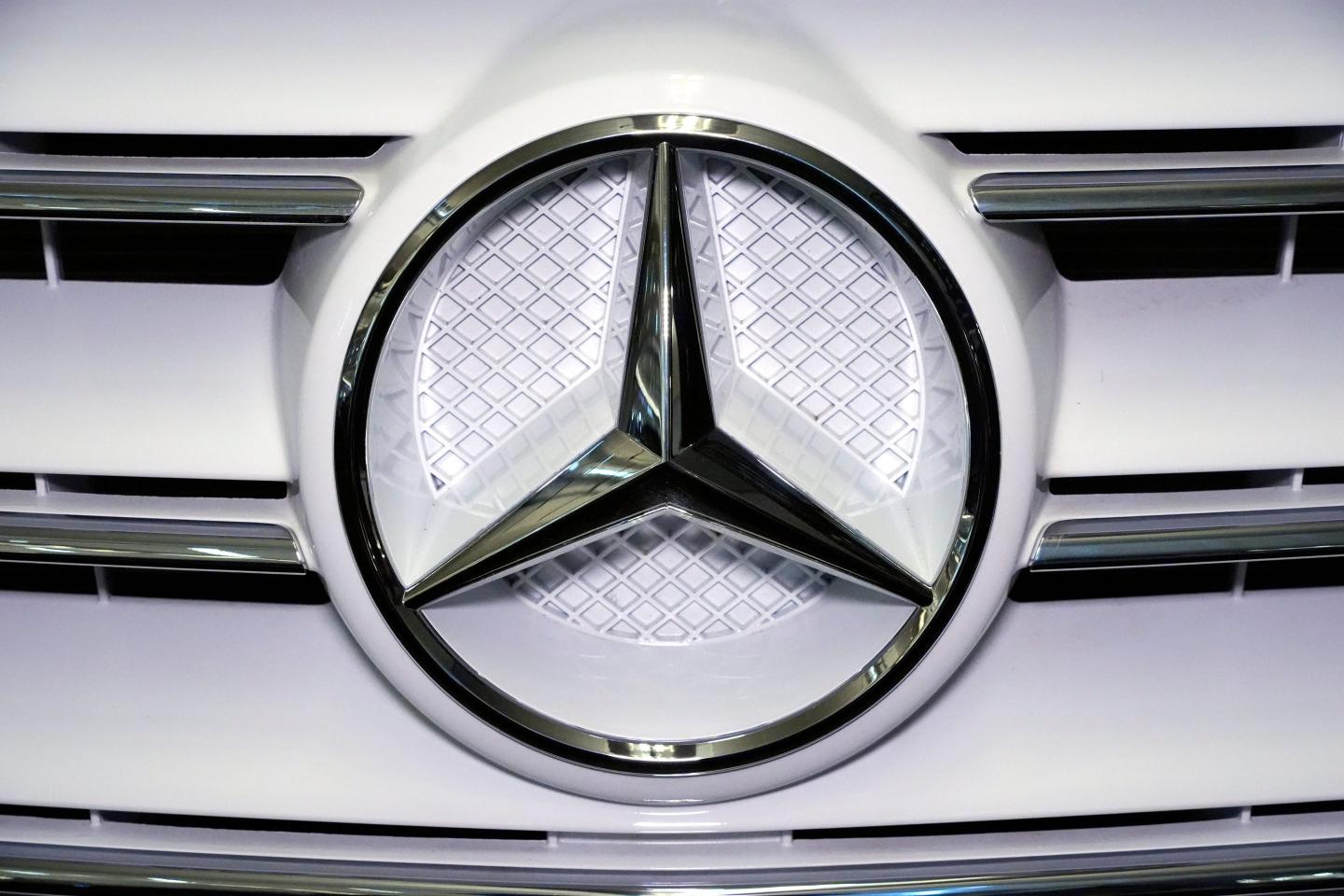 A Mercedes Benz logo is displayed on a vehicle at the Pittsburgh International Auto Show in Pittsburgh, Feb. 14, 2025. 