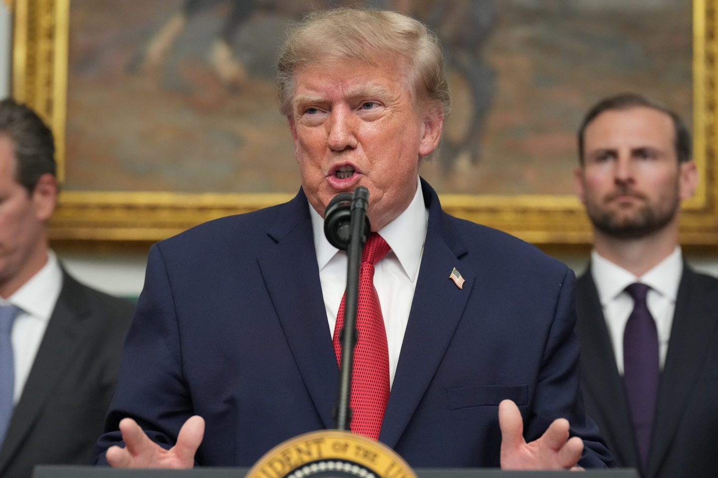President Donald Trump speaks during a meeting with technology leaders in the Roosevelt Room of the White House.