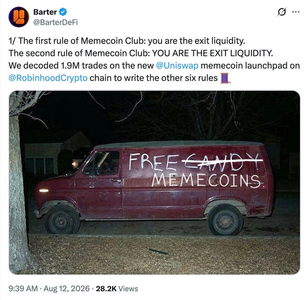 Tweet by Barter DeFi reads: 1/ The first rule of Memecoin Club: you are the exit liquidity. The second rule of Memecoin Club: YOU ARE THE EXIT LIQUIDITY. We decoded 1.9M trades on the new  @Uniswap  memecoin launchpad on  @RobinhoodCrypto  chain to write the other six rules