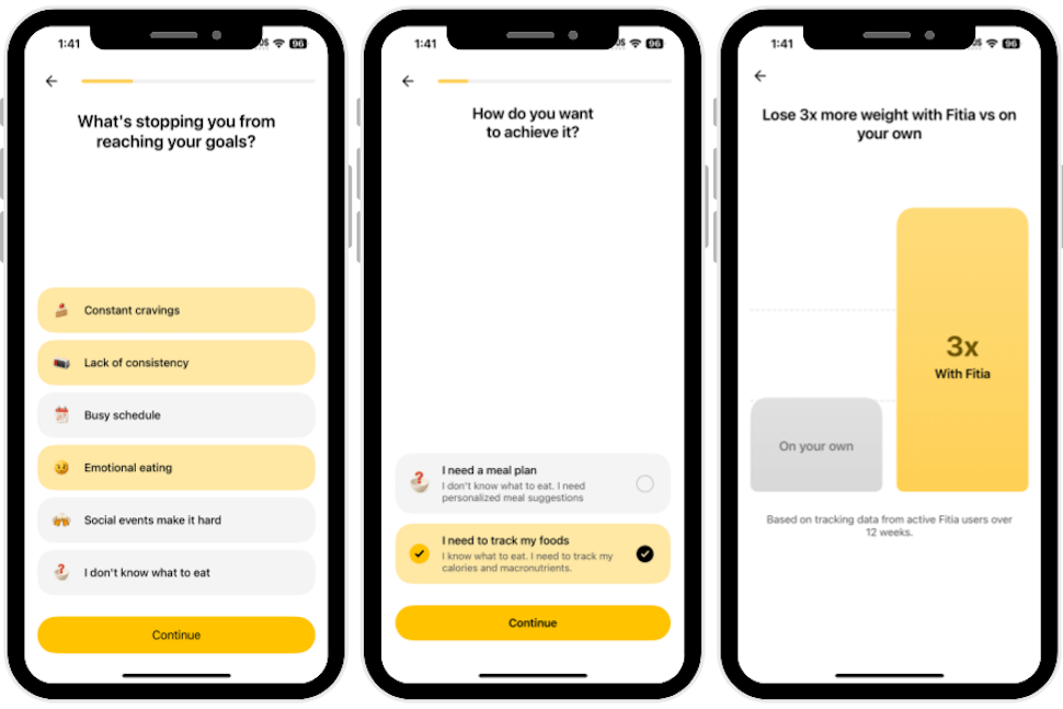 Screenshots of the Fitia app