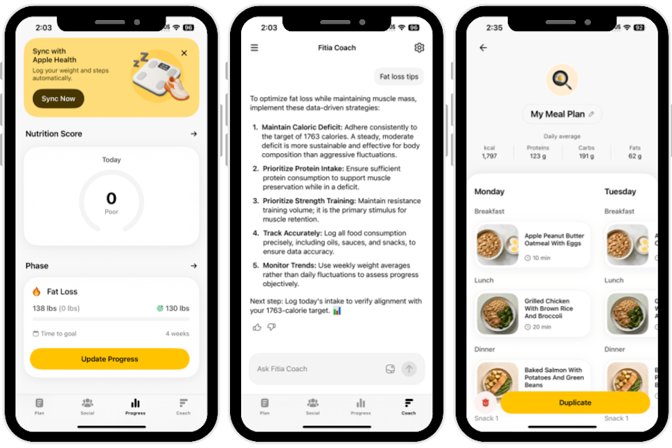 Screenshots of the Fitia app