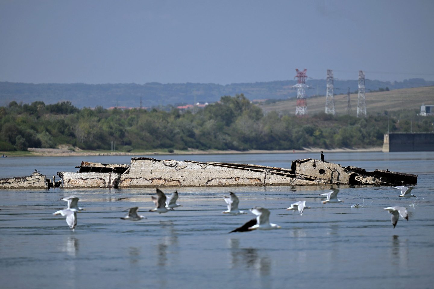 The remains of the German tugboat wreckage marked as UJ-106 in the Danube River.