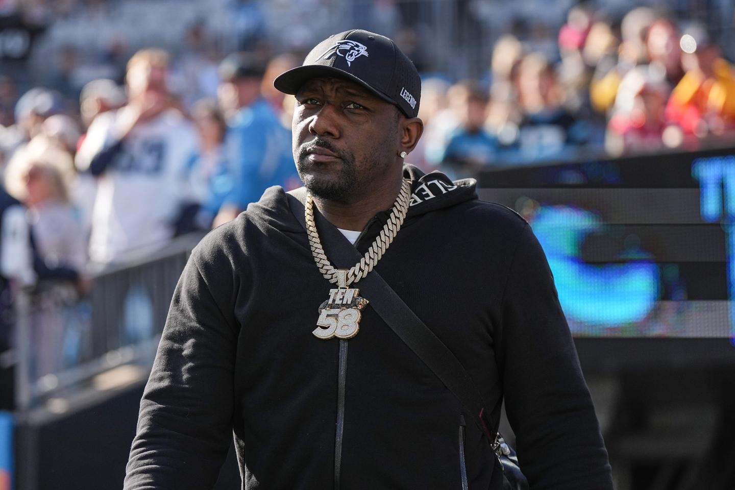 Former Carolina Panthers player Thomas Davis looks on prior to a game between the Carolina Panthers and Kansas City Chiefs at Bank of America Stadium.