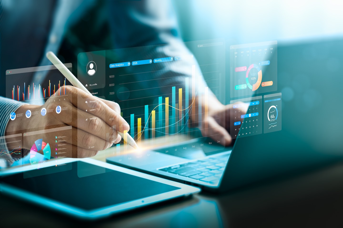 Financial data visualization with digital charts and analytics dashboard, showing business growth, performance metrics, and innovation, representing financial analysis, big data, business intelligence