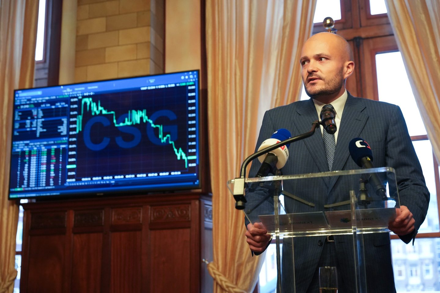 Michal Strnad, chairman of CSG NV, during the company's listing ceremony at Euronext Amsterdam in Amsterdam.