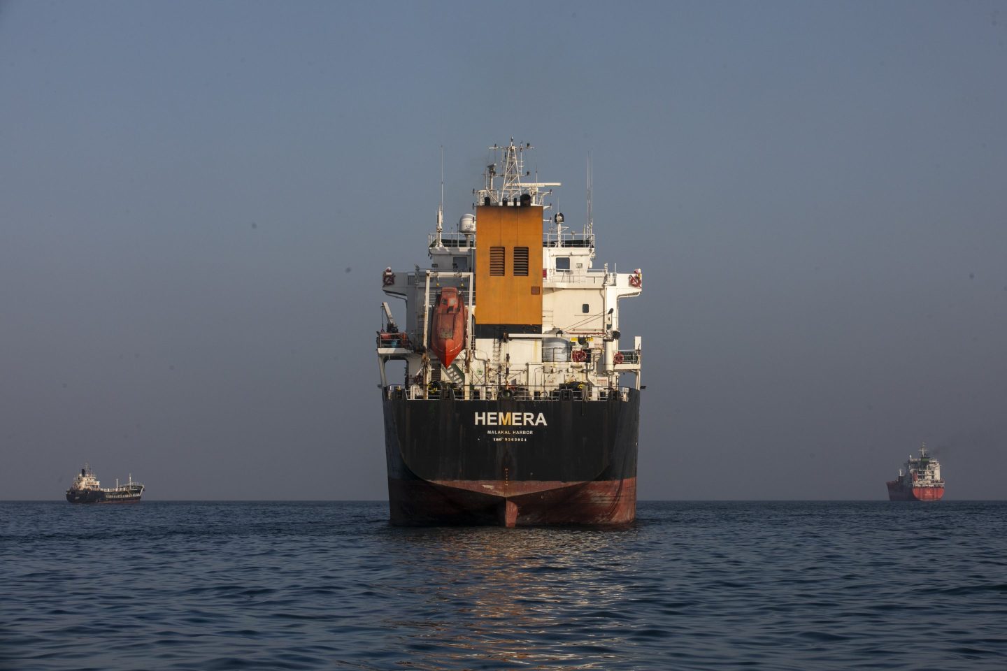 A ship sails on the ocean near the Strait of Hormuz