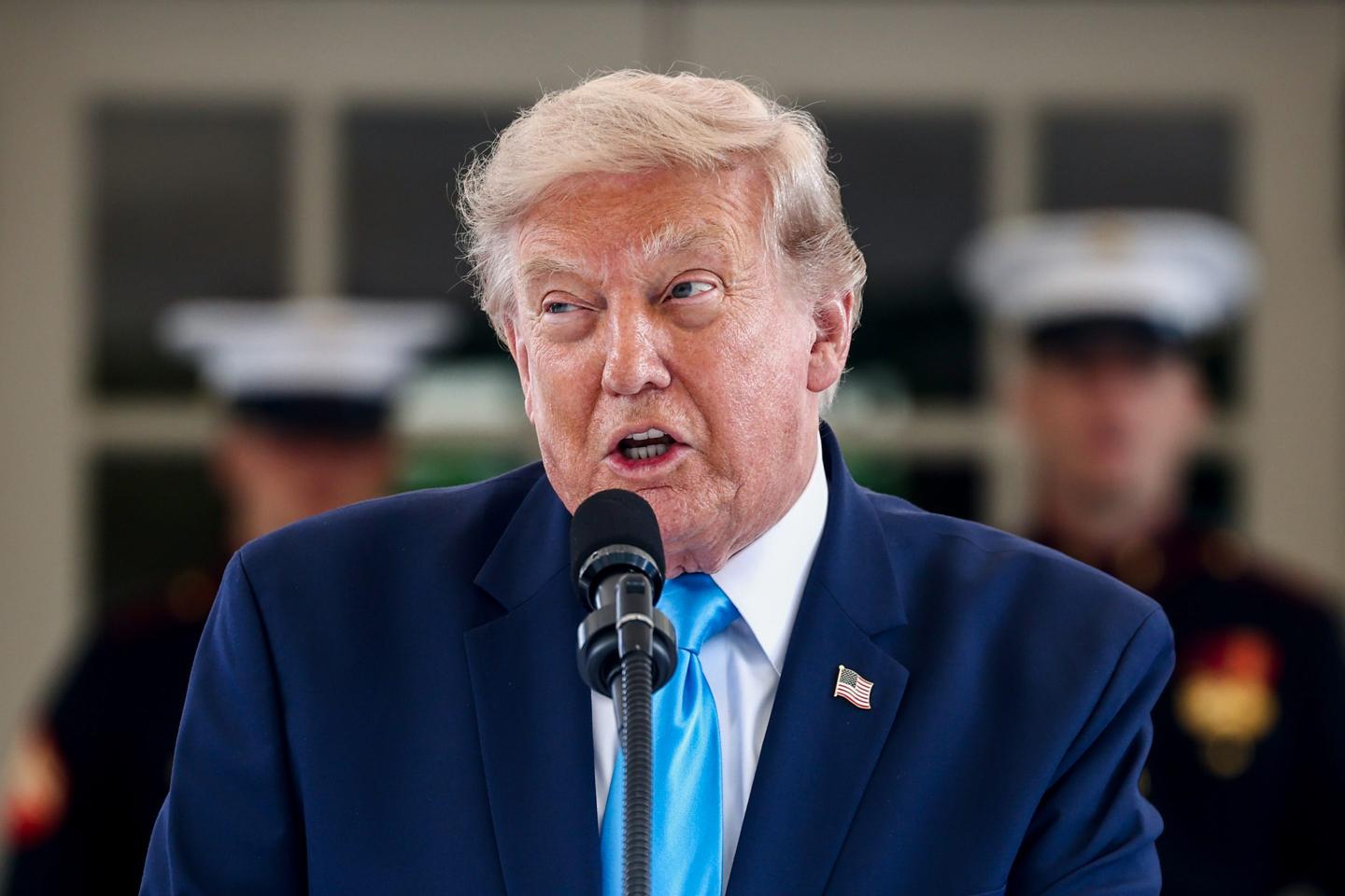 Donald Trump speaks into a microphone.