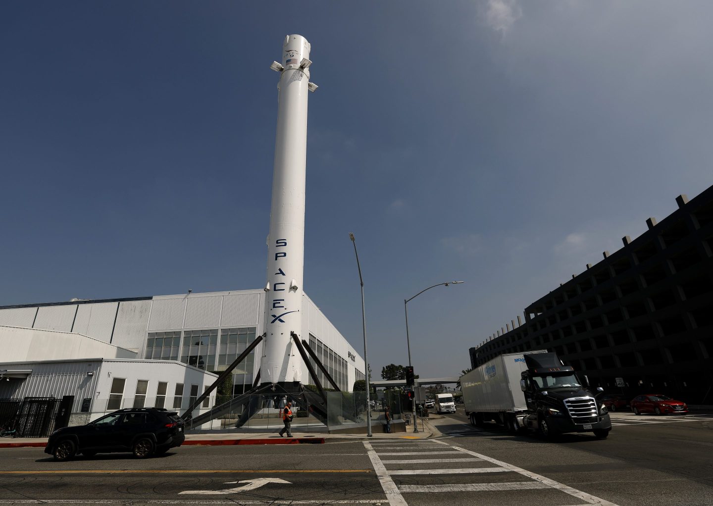 A SpaceX Falcon 9 rocket is displayed at a SpaceX facility on August 4, 2026 in Hawthorne, California.