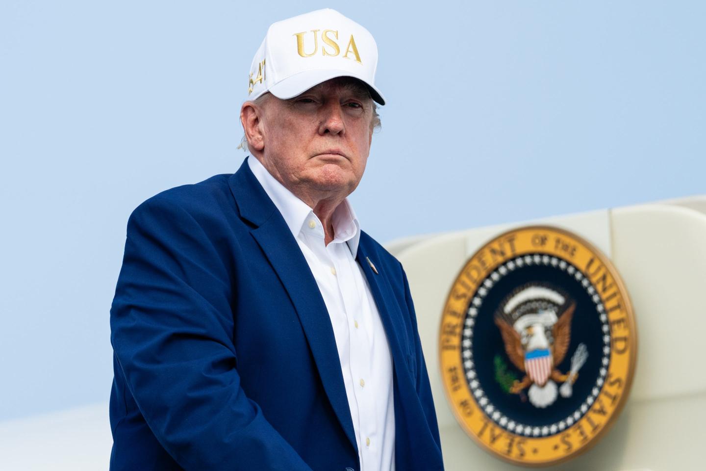 President Donald Trump boards Air Force One on August 9, 2026 at Morristown Airport in Morristown, New Jersey.