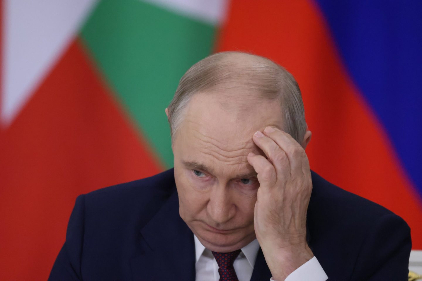 Russian President Vladimir Putin looks on during a meeting at Kremlin on August 18, 2026 in Moscow. 