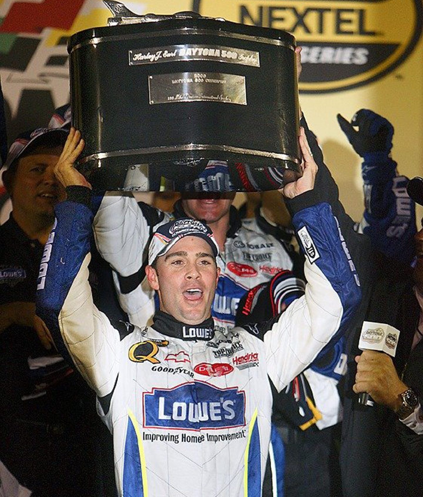 Closeup of Jimmie Johnson (48) victorious trophy after winning race