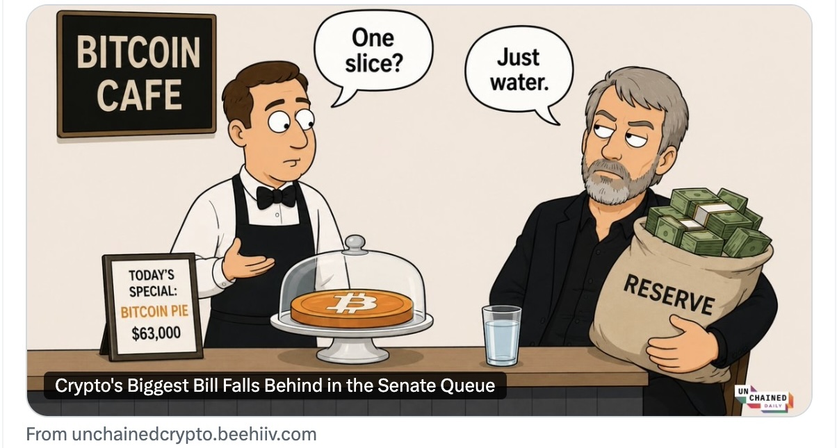 Cartoon reads "Bitcoin cafe" with cashier asking "One slice?" and customer replying "Just water."