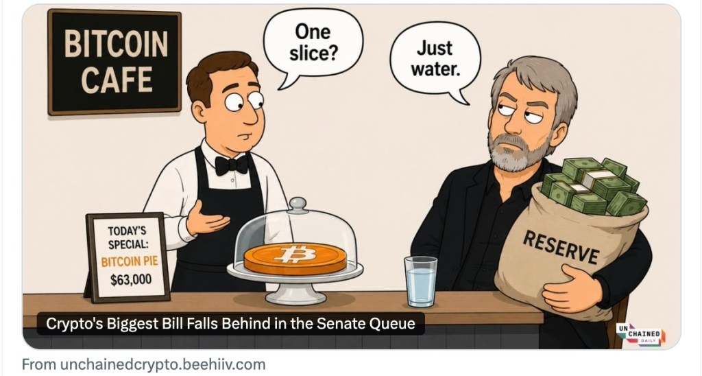Cartoon reads "Bitcoin cafe" with cashier asking "One slice?" and customer replying "Just water."