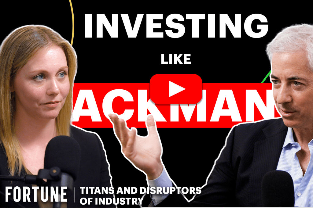 Podcast episode graphic with play button, and photos of Alyson Shontell and Bill Ackman. It reads "Investing like Ackman" and is branded "Fortune: Titans and Disruptors of Industry."