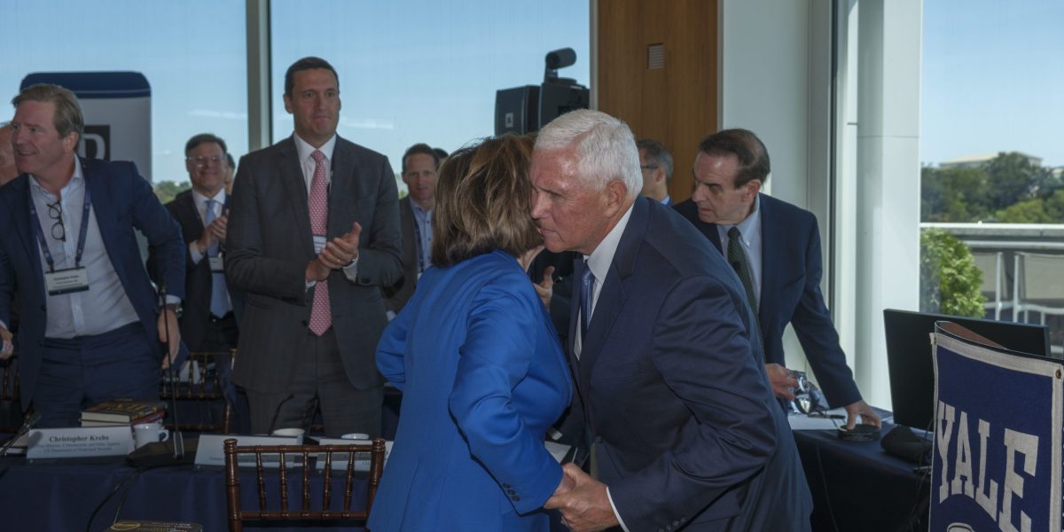 Exclusive: Nancy Pelosi and Mike Pence shared an emotional embrace at the Yale Leadership Institute Exclusive: Nancy Pelosi and Mike Pence shared an emotional embrace at the Yale Leadership Institute