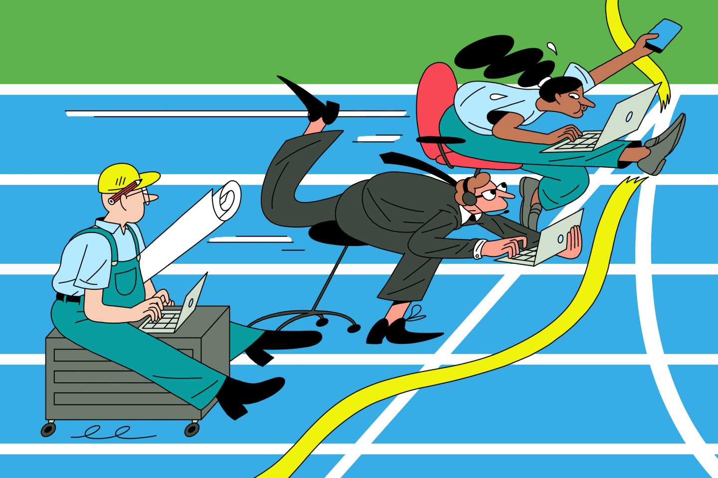 Illustration of three employees racing one another across the finish line
