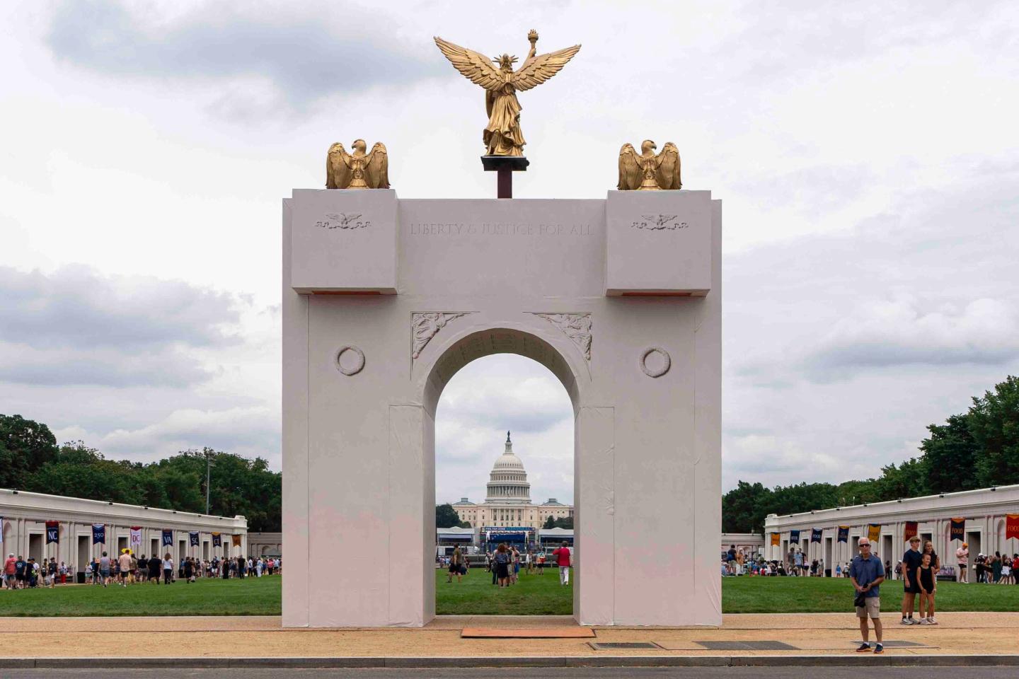 A mockup of President Donald Trump's proposed triumphal arch stands at the Great American State Fair on the National Mall, June 27, 2026, in Washington.