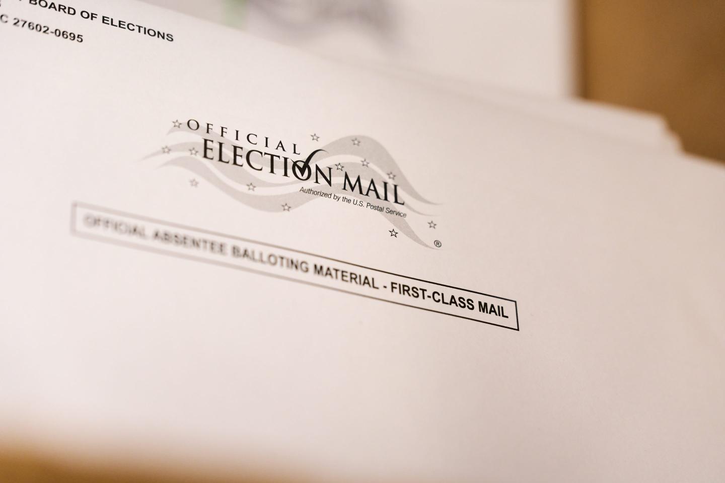 Envelopes for mail-in ballots at the Wake County Board of Elections are seen on Thursday, Sept. 3, 2026, in Raleigh, N.C.