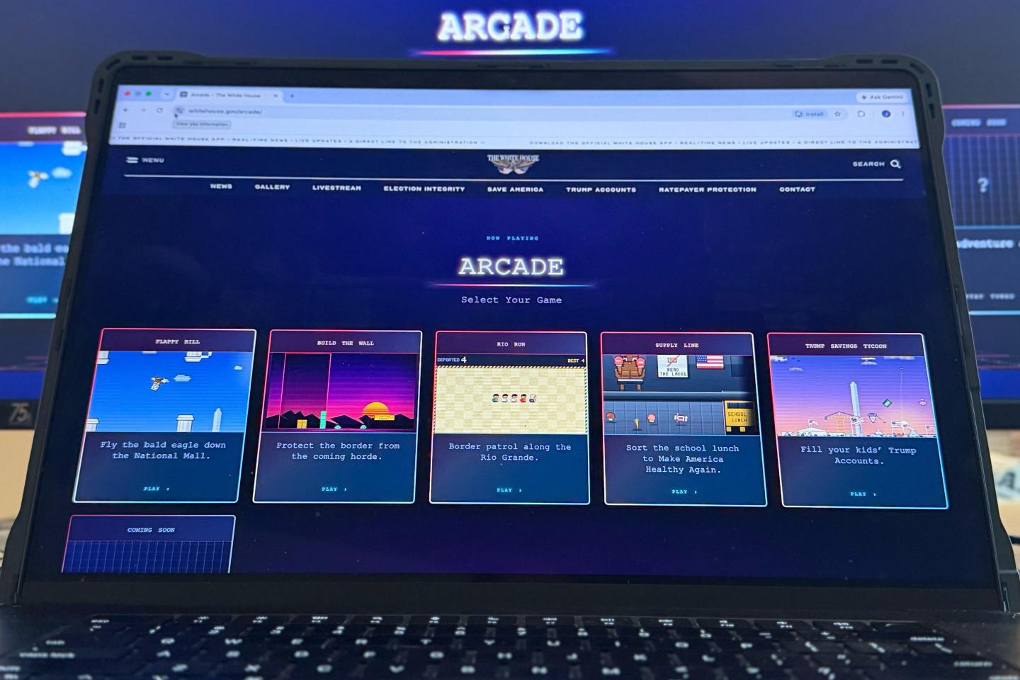 A White House website featuring arcade games is photographed on a computer screen Thursday, Sept. 3, 2026. 