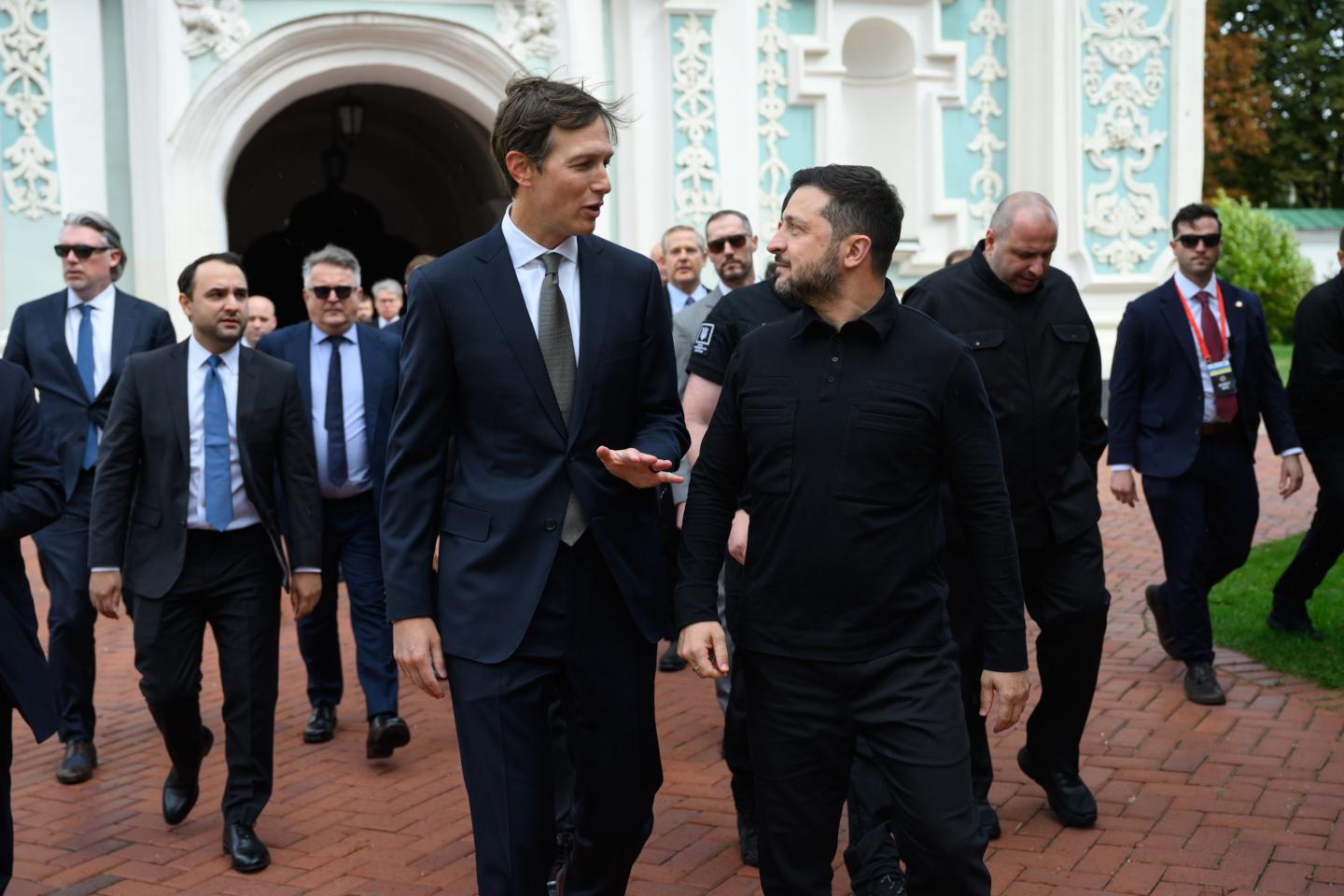 Ukraine's President Volodymyr Zelenskyy, right, and U.S. President Donald Trump's envoy Jared Kushner talk in Kyiv, Ukraine, Sunday, Sept. 6, 2026. 