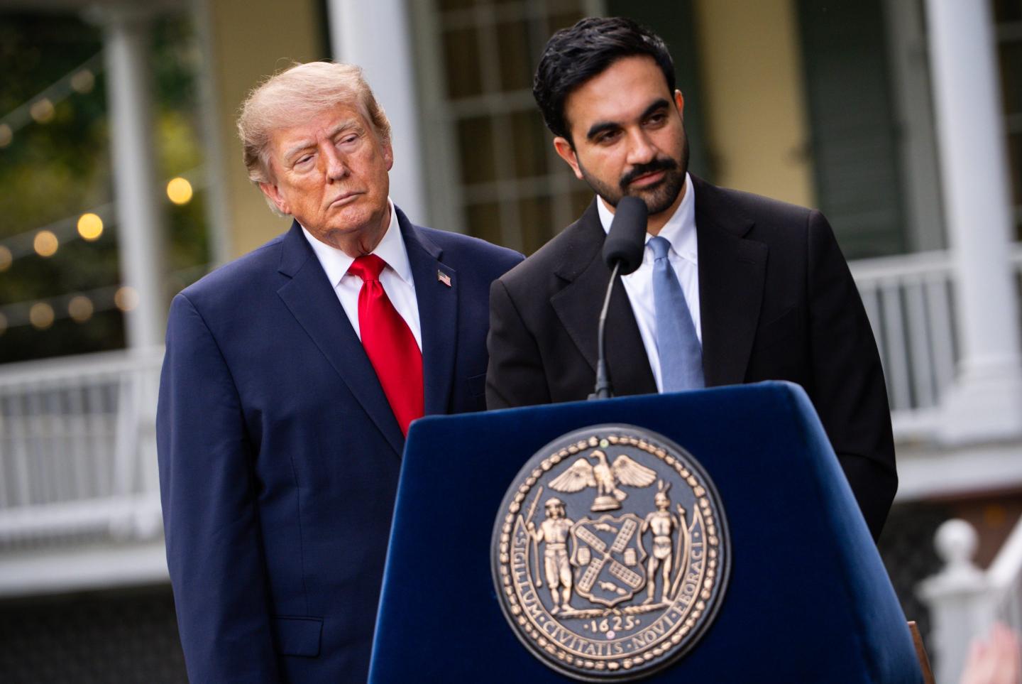 President Donald Trump watches as New York City Mayor Zohran Mamdani speaks during a joint news conference at Gracie Mansion.