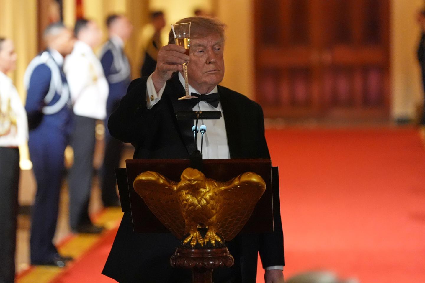 President Donald Trump gives a toast during a State Dinner for China's President Xi Jinping in the East Room at the White House.