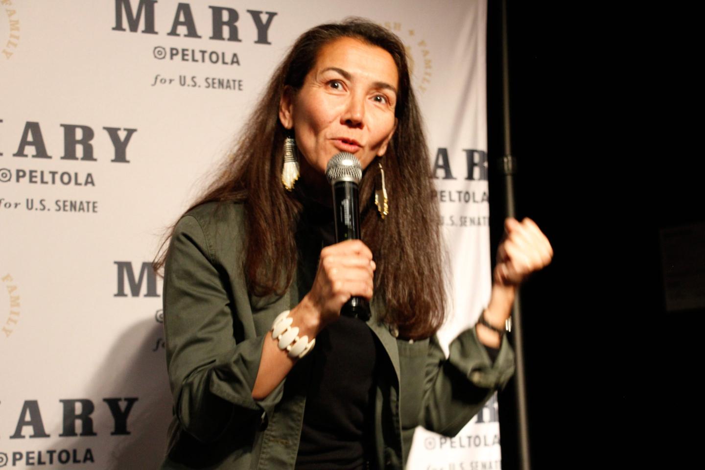 Mary Peltola, a Democrat running for the U.S. Senate seat in Alaska, addresses supporters at an election watch party on Aug. 18, 2026, in Anchorage, Alaska.