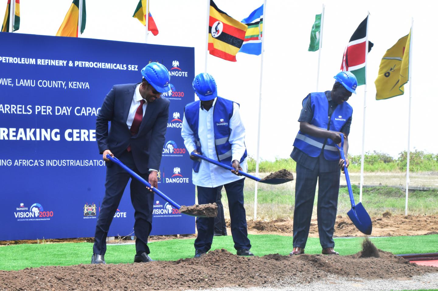 Ethiopian Prime Minister Abiy Ahmed Ali, Nigerian Industrialist Aliko Dangote and Kenya's President William Ruto launch the Dangote East Africa Petroleum Refinery in Lamu County, Kenya.