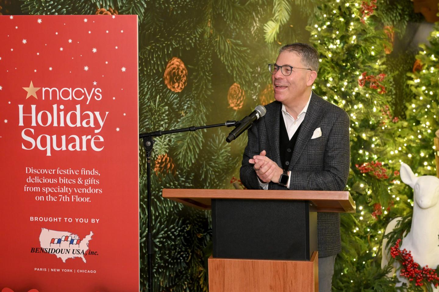 Macy's CEO Tony Spring speaks at the grand opening of Macy's State Street Holiday Square Market on Nov. 26, 2025 in Chicago.