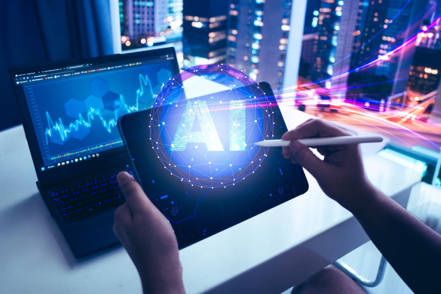 Artificial Intelligence Data Analysis Concept with Digital AI Interface on Tablet and Laptop