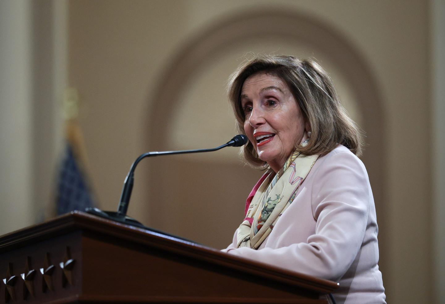 Former U.S. House Speaker, Rep. Nancy Pelosi (D-CA) speaks at a celebration of the life of the late Rep. Barney Frank (D-MA) in the Longworth House Office Building on Capitol Hill.