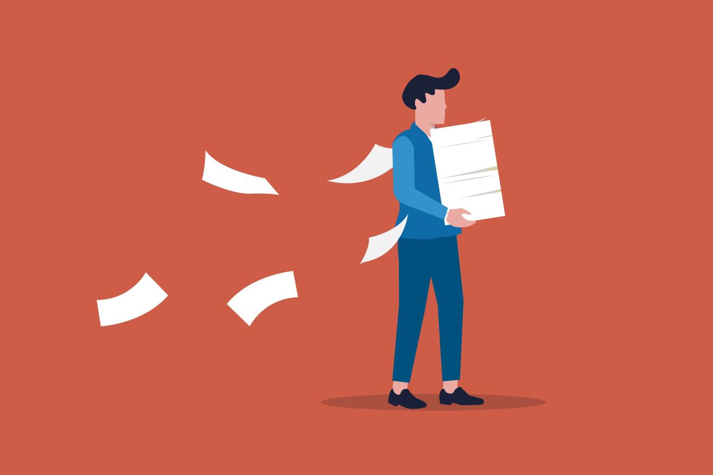 An illustration of a person holding a stack of papers.